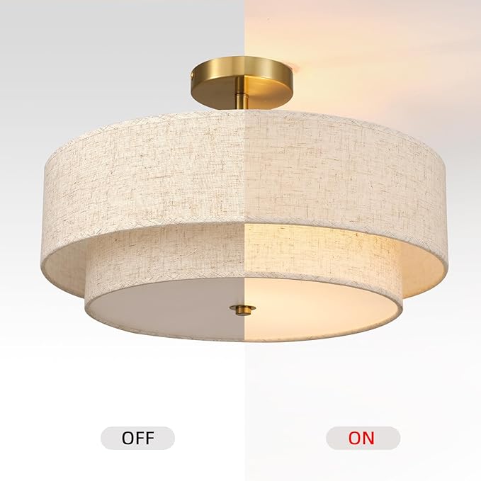 16.5 inch Semi Flush Mount Ceiling Light with Natural Linen Shade, 3-Light UL Listed Fixture with E26 Socket (No Bulb Included) for Bedroom, Kitchen, Living Room