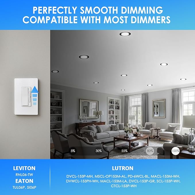 ANWIO Recessed Lighting 6 Inch Black, 5CCT 9W 1000LM Flat Retrofit LED Recessed Lights Can Needs, 2700/3000/4000/5000/6000K Selectable Can Lights CRI 80+ Dimmable E26 Base IC Rated & ETL 5 Pack