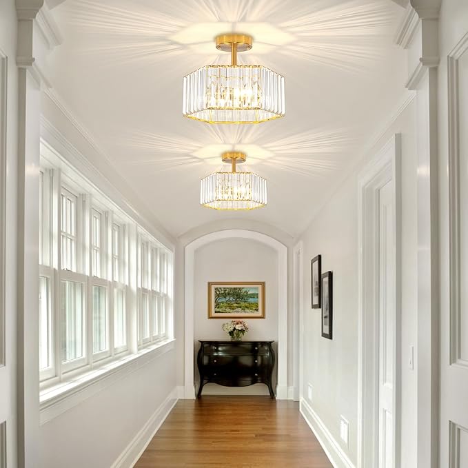 TOULMJ Crystal Semi Flush Mount Ceiling Light, 3-Light Modern Close to Ceiling Light Fixtures, Gold Hallway Light Fixtures Flush Mount Chandelier for Entryway Kitchen Bedroom Dining Laundry Room