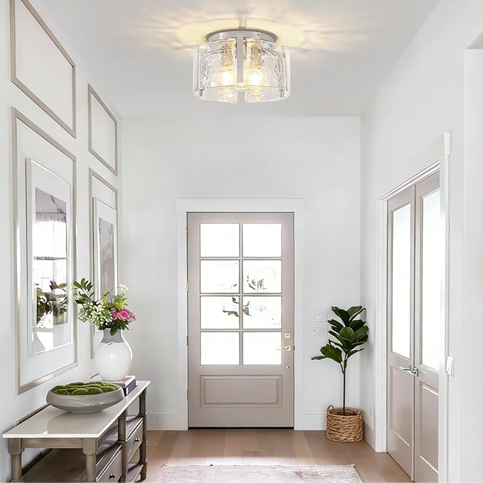15'' Modern Brushed Nickel Semi Flush Mount Ceiling Light, Hallway Light Fixtures, 3-Light Glass Ceiling Lights for Entryway Kitchen Dining Room Foyer Bedroom Laundry Room Bathroom Lighting Fixtures