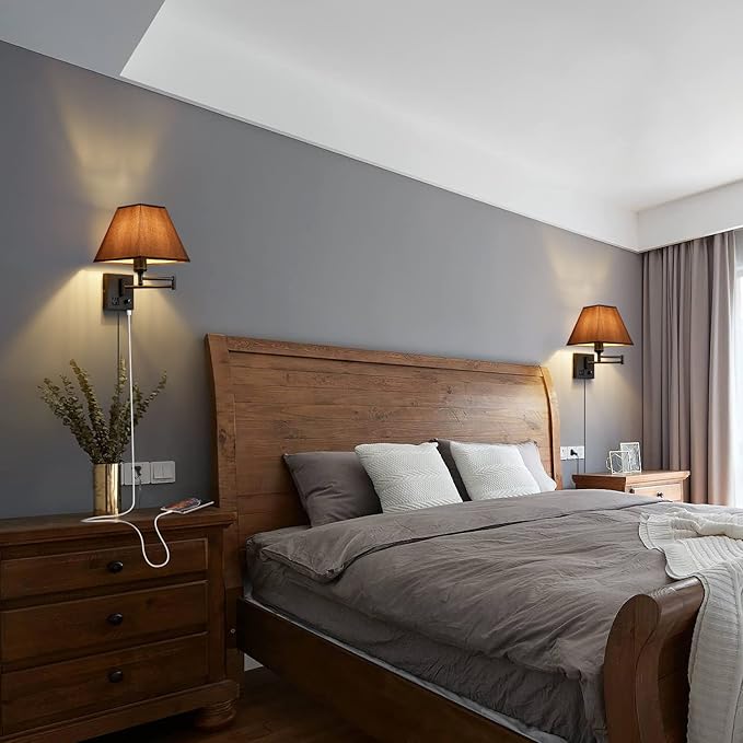 Swing Arm Wall Lamp.Plug in Wall Sconces with USB Port and AC Outlet.Sconces Wall Lighting Coffee Fabric Shade with Dimmable Switch for Hallway Bedroom Living Room.Black Finish.