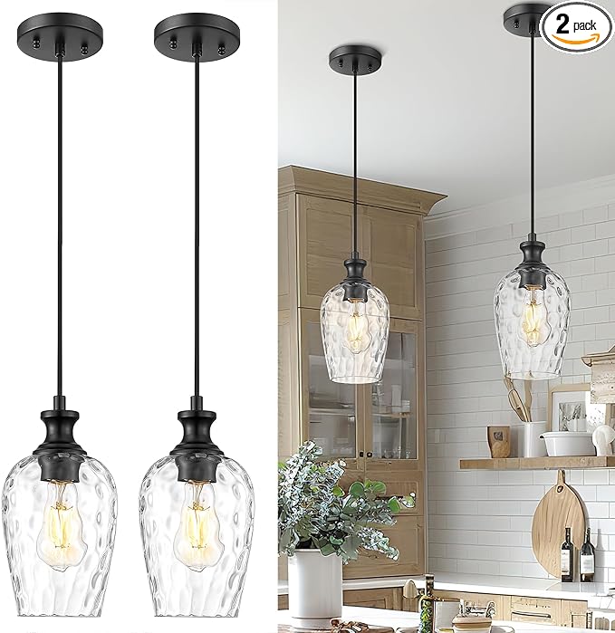 2-Pack Pendant Lights Kitchen Island, Black Hanging Lights Fixtures with Hand-Blown Hammered Clear Glass, Farmhouse Kitchen Island Lighting Over Sink, AD-24027-1P2-BK