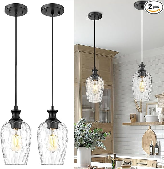 2-Pack Pendant Lights Kitchen Island, Black Hanging Lights Fixtures with Hand-Blown Hammered Clear Glass, Farmhouse Kitchen Island Lighting Over Sink, AD-24027-1P2-BK