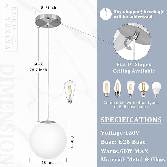 KoKo&Yukina 10 Inch Pendant Light Nickel Globe Pendant Lights Kitchen Island Mid Century Light Fixture Adjustable Globe Pendants Lights with Milky White Glass Shade for Dining Room Living Room