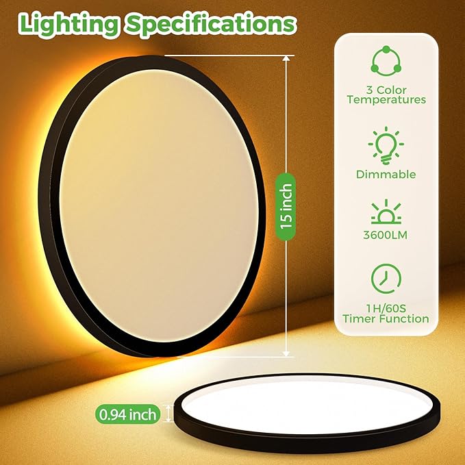 zemty 15 Inch LED Ceiling Light with Night Light 1800K, 3000K/4000K/6500K Dimmable Fixture with Remote Control, Low Profile Lighting for Bedroom Living Room Kitchen-Black
