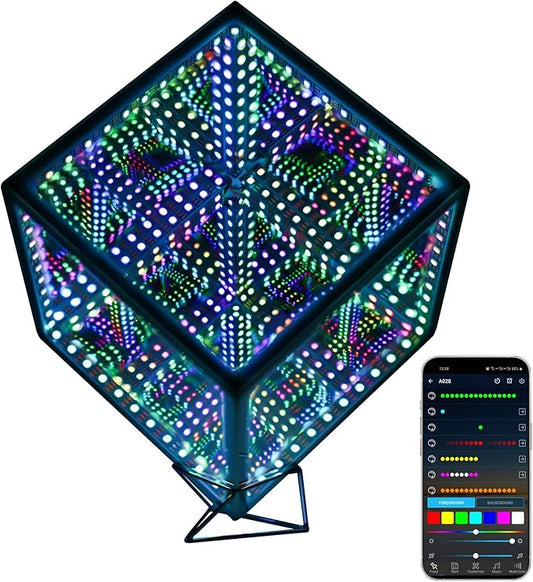 Infinity Mirror Hyper Cube Table Lamp, Desk Art Night Light, Color-Changing Music-Sync APP-Controlled Ambient Light for Gaming, Party, Home, Gift (8.2 Inches)