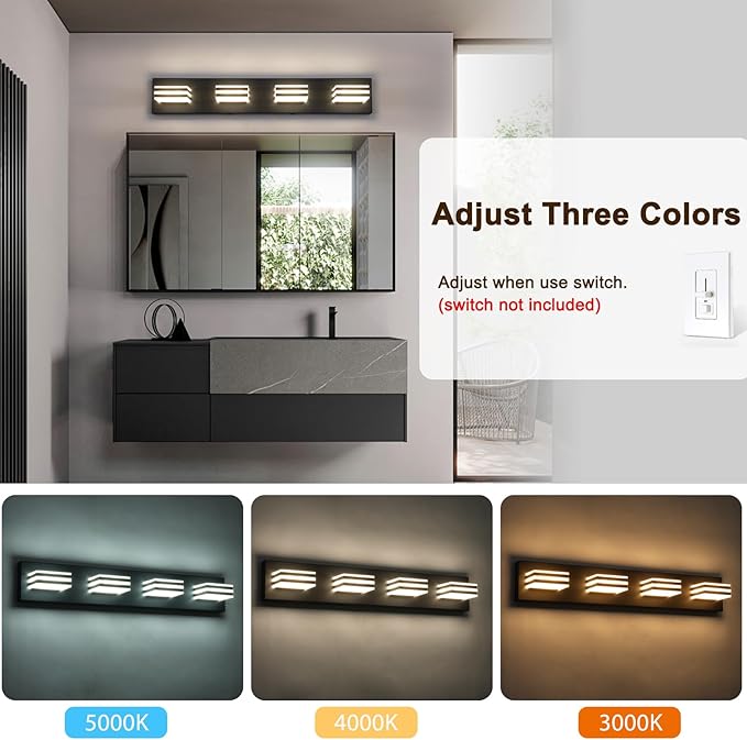 4-Light LED Black Vanity Lights for Bathroom Light Fixtures Adjust 3 Colors Modern Bath Lighing Over Mirror LED Vanity Light 27inch Acrylic Heads