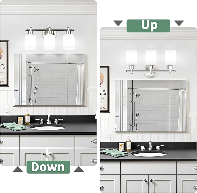 3-Light Bathroom Vanity Light Fixture, Brushed Nickel Compact Vanity Light with White Frosted Glass Shades for Mirror, Bathroom, Living Room, Modern Style, E26 Base, 16 Inch