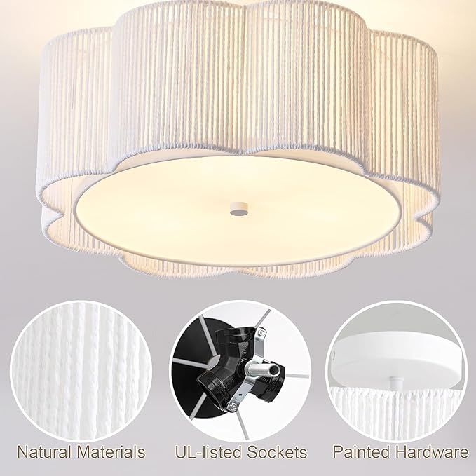 17.7" Rattan Flush Mount Ceiling Light, 3-Light Boho Close to Ceiling Light Fixtures, Rattan Bedroom Ceiling Light, Farmhouse Large Drum Chandelier for Dining Room, Kitchen, Hallway(White)