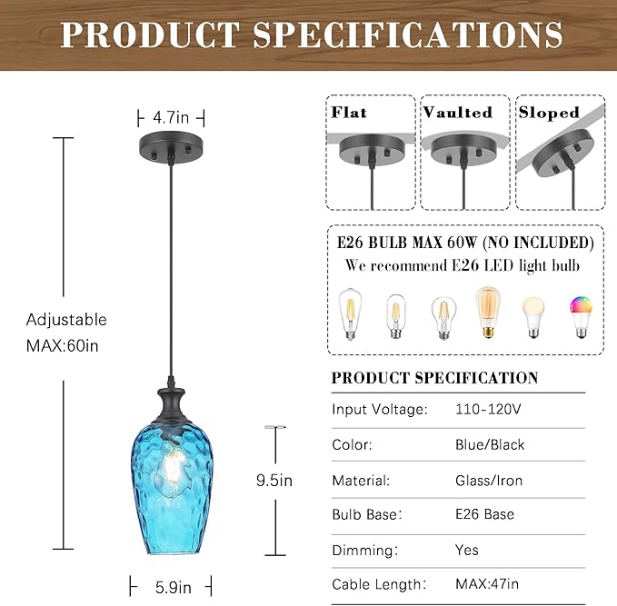 Glass Pendant Lights Kitchen Island, 1-Light Blue Pendant Light Fixtures with Hammered Glass, Modern Farmhouse Hanging Light for Kitchen Sink Dining Room Bedroom, E26