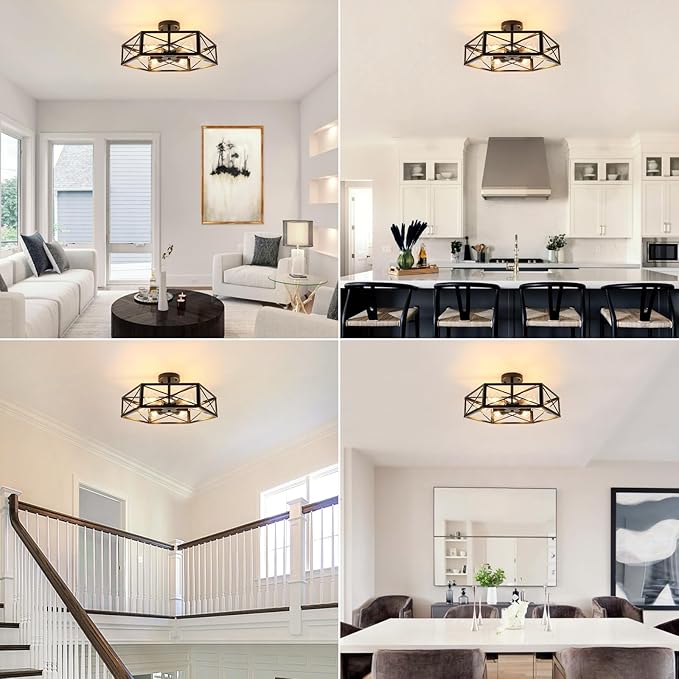 WILON Semi Flush Mount Ceiling Light, Industrial 6 Light Close to Ceiling Light Fixture, Black Dining Room Light Fixture Farmhouse Chandelier for Kitchen Hallway Bedroom Living Room(E26 Socket)