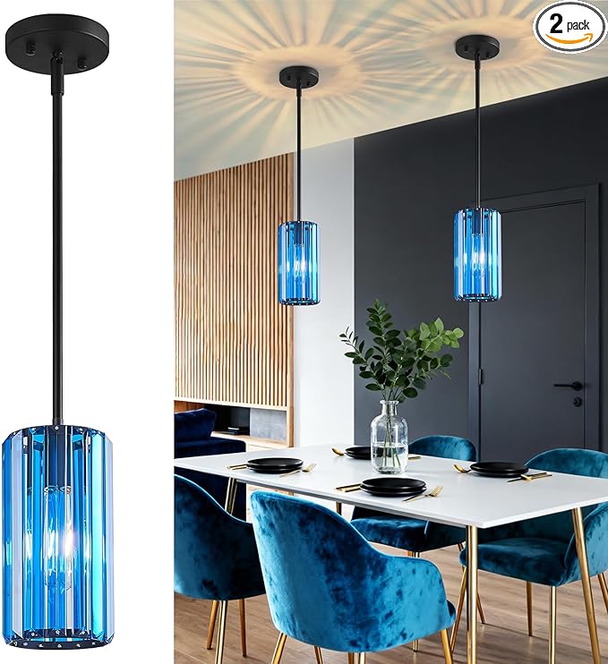 Modern Crystal Pendant Light Mini Dark Blue Chandeliers Adjustable Pendant Lights Fixture for Kitchen Island Dinning Room Corridor Bedroom(Dark Blue 2-Pack