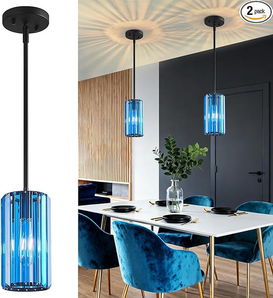 Modern Crystal Pendant Light Mini Dark Blue Chandeliers Adjustable Pendant Lights Fixture for Kitchen Island Dinning Room Corridor Bedroom(Dark Blue 2-Pack