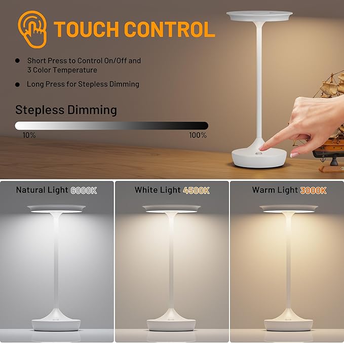 LED Cordless Table Lamps Rechargeable - Outdoor 6000mAh Battery Operated Portable Tables Light 3 Color Stepless Dimming Lamp with Memory Function for Patio Restaurant Dining White