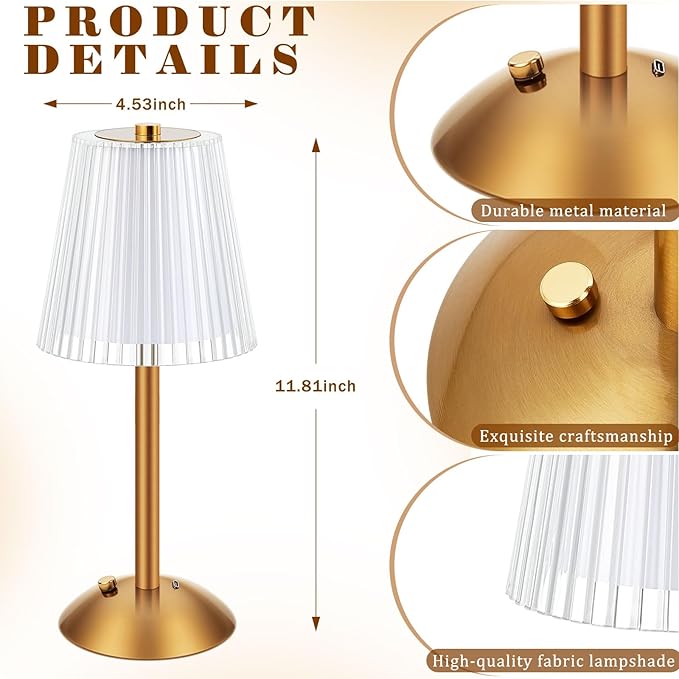 Liliful 1 Pcs Cordless Table Lamp Rechargeable Touch LED Small Gold Portable Battery Operated USB-c Desk Lamp 3 Color Dimmable for Bedroom Living Room Dining (Gold,Hollow Lined Style)