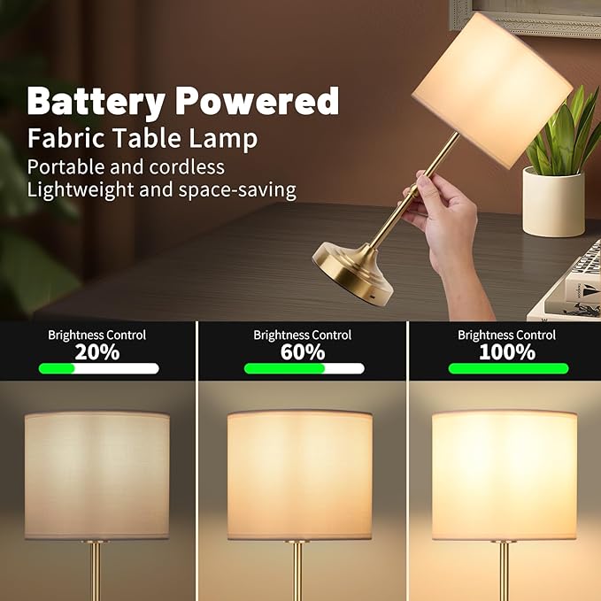 HAPYGI Portable Cordless Table Lamp,Built-in 5200mAH Rechargeable Battery, Dimmable Touch Wireless Light, Bed Side Metal Desk Lamp，Restaurant/Bedroom/Bar/Coffee/Night Light (Antique Brass)