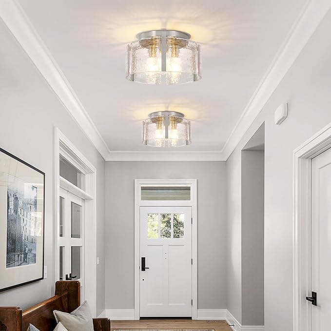 15" Modern Semi Flush Mount Ceiling Light, Brushed Nickel 3-Light Fixture with Glass Drum, Dimmable Hallway Lighting for Entryway, Kitchen, Bedroom, Bathroom