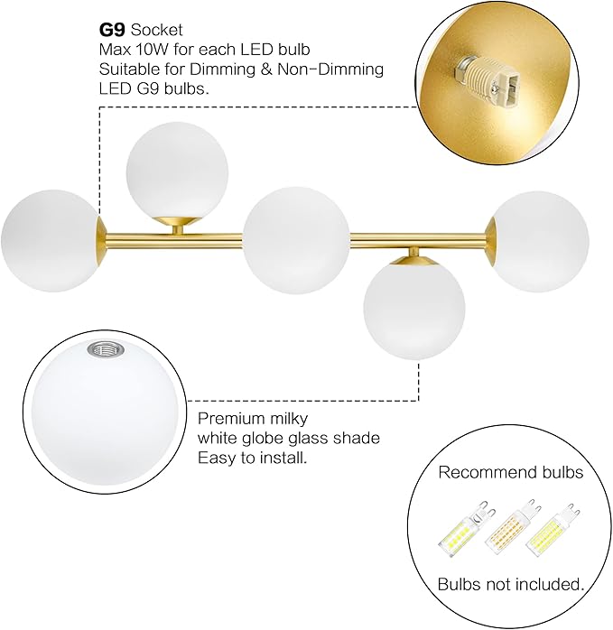 Bathroom Vanity Lights, 5-Light Bathroom Light Fixtures, Mid Century Modern Brass Bathroom Light Ceiling Light, Wall Sconces Semi-Flush Mount Light Fixture with Milk Globe Glass, Brass Gold, G9 Base