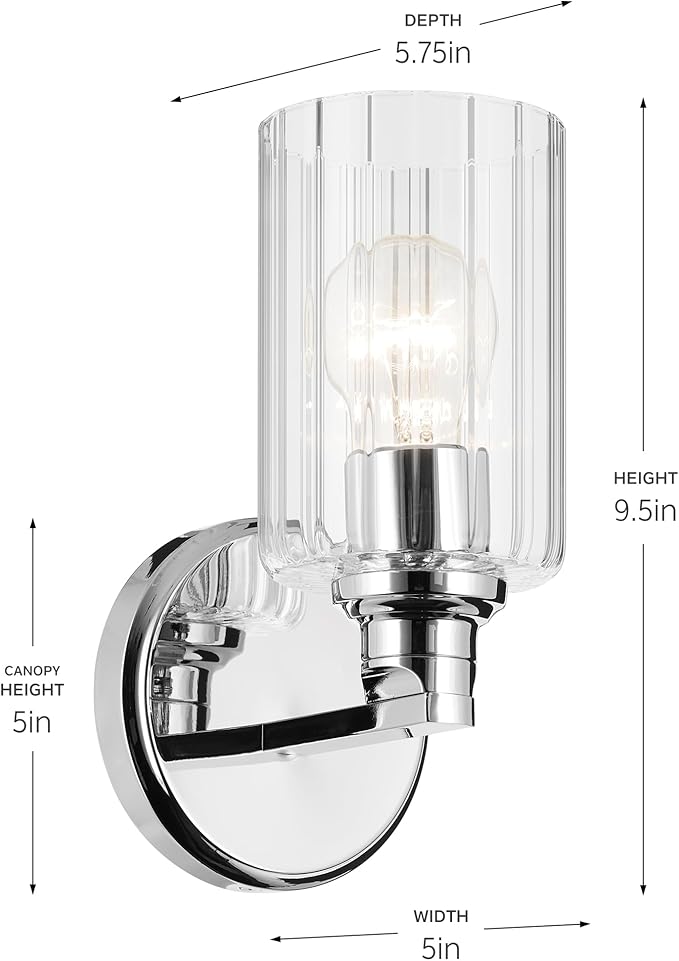 Kichler Gioe 5" 1-Light Wall Sconce with Clear Fluted Glass in Chrome, Damp Rated, for Powder Room, Kitchen, Hallway, Bedroom, Fireplace, (5" W x 9.5" H), 55224CHFLU
