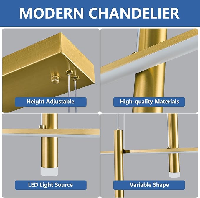 Modern LED Linear Pendant Light with Dual Spotlights Dimmable 6000K Pendant Lights Kitchen Island Gold Chandeliers for Dining Room Table Living Room Bedroom Gold(L31.5in)