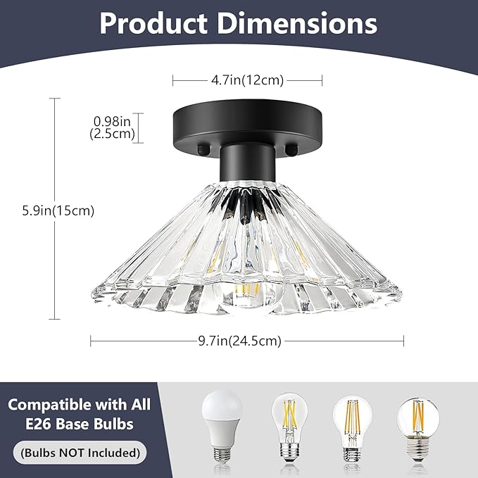 Modern Round Glass Ceiling Light, Mid-Century Lighting Fixtures, Black Semi Flush Mount Ceiling Light for Hallway, Kitchen, Laundry Room, Bathroom, Entryway, 9.7 in