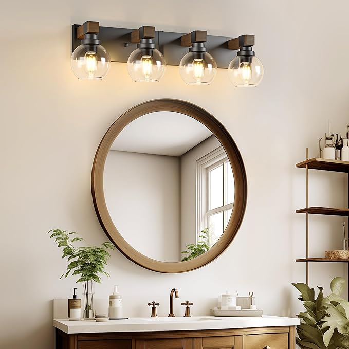 Farmhouse Bathroom Vanity Light Fixtures, 4-Light Wood Bathroom Light Fixtures Over Mirror, Rustic Vanity Lighting with Glass Shade for Living Room, Bedroom, Hallway