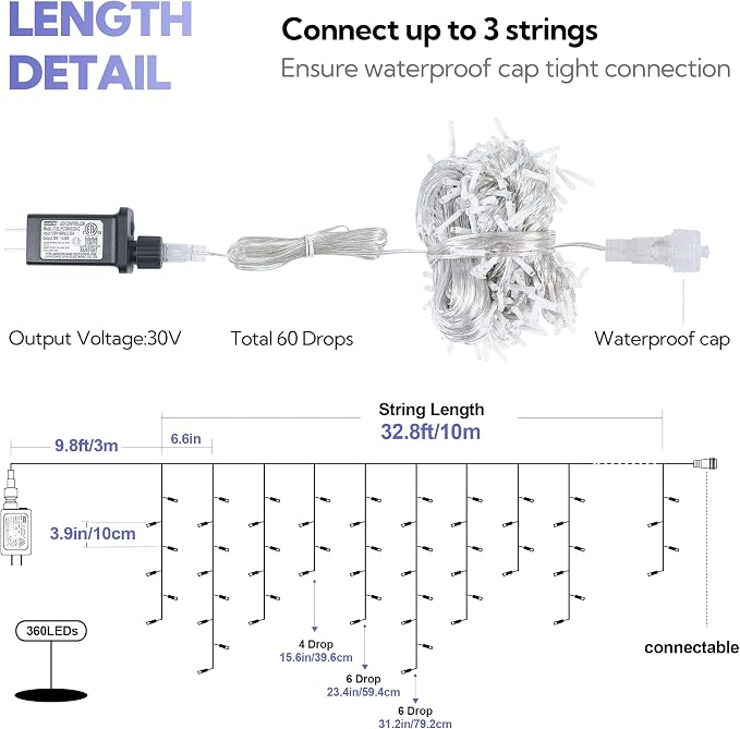 Hopolon 33FT 360 LED White Christmas Icicle Lights,Waterproof Plug in | Outdoor icicle curtain lights with 60 drops, 8 modes, for Christmas, wedding, party, bedroom, garden, wall decor