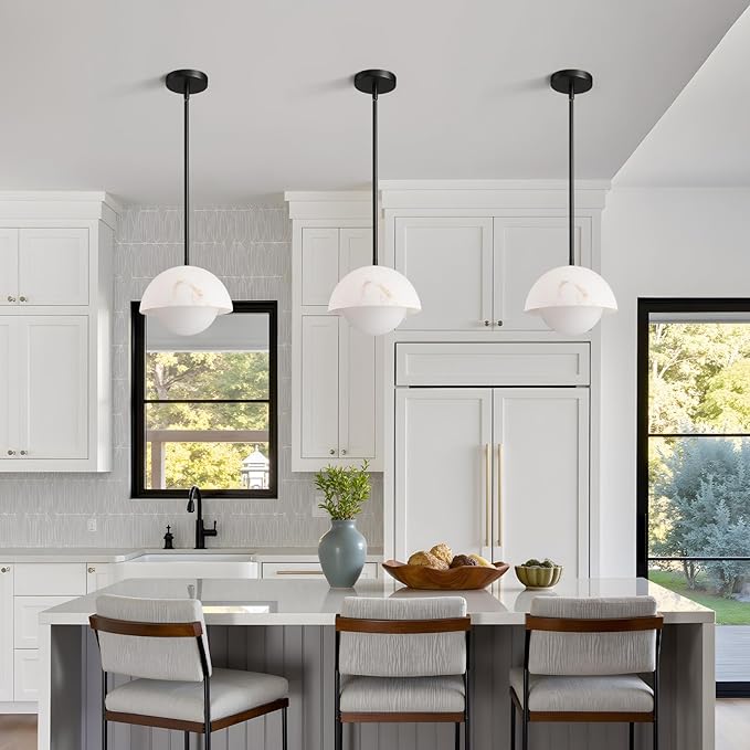 Modern Pendant Light Fixtures: 10 Inch Resin Shade Mid Century Chandelier with Milk Glass Globe - Adjustable Black Pendant Lighting for Kitchen Island
