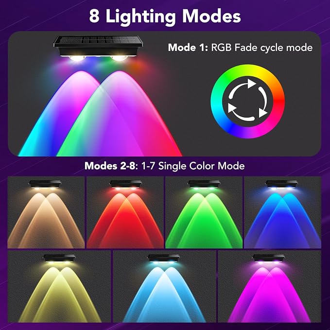 Solar Fence Lights Outdoor 8Pack, Warm White & RGB 6 Color and Glass Panel, Waterproof High Brightness Solar LED Spot Lens Deck Lights for Outside Stairs, Porch Step, Railing, Backyard, Patio