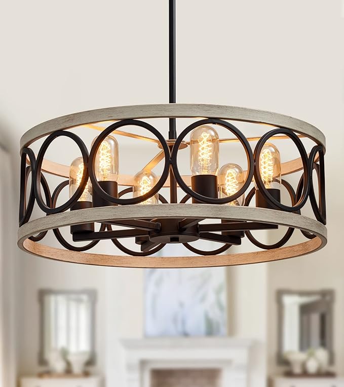 Modern Farmhouse Drum Chandelier Black and White Birch Finish 6-Lights Round Metal Rustic Vintage Chandelier Light Fixtures for Kitchen Dining Room Living Room Office Hotel Restaurant