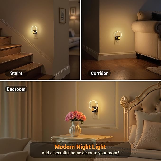 JandCase Night Light, Night Lights Plug into Wall, Dimmable Nightlight with Dusk to Dawn Sensor, 180° Rotatable Plug in Round Nightlights, LED Circle Acrylic Night Light for Bathroom Kids Gift, 1 Pack