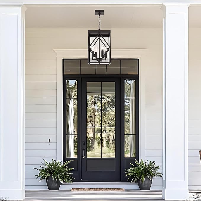 11" Outdoor Pendant Light Exterior Hanging Lantern, Farmhouse Oil Rubbed Brozne Outside Chandelier Light Fixture Ceiling Mount Hanging Porch Light with Clear Glass for Front Porch Entrance