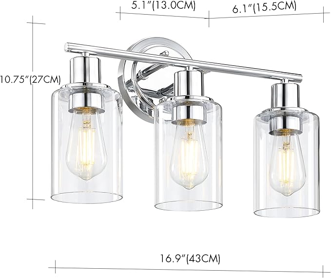 3-Light Chrome Bathroom Light Fixtures Over Mirror,Chrome Vanity Lights for Cabinet, 3 Bulb Bathroom Wall Sconce Light Fixture for Sink