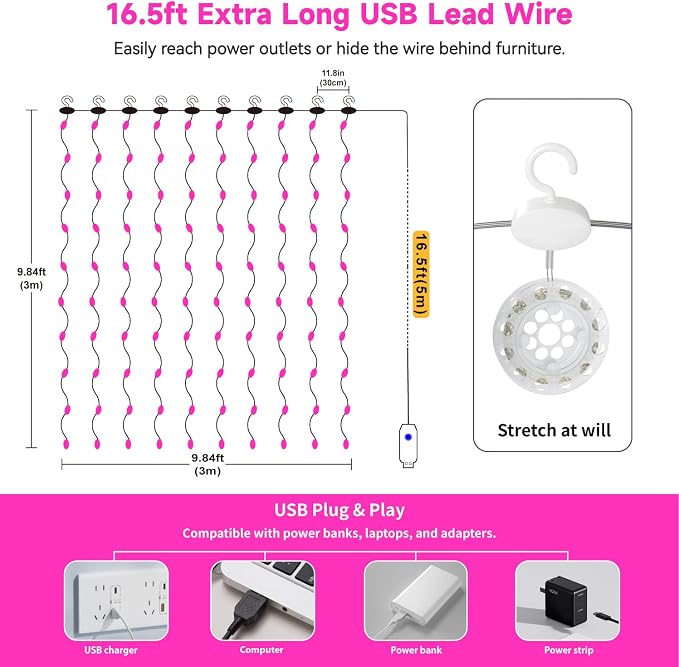 HXWEIYE 300LED Untangled Curtain Lights, 9.8x9.8Ft USB Fairy Twinkle String Lights with Remote and DIY Timer, 8 Modes Window Wall Hanging Light for Bedroom Dorm Backdrop Room Decor, Pink