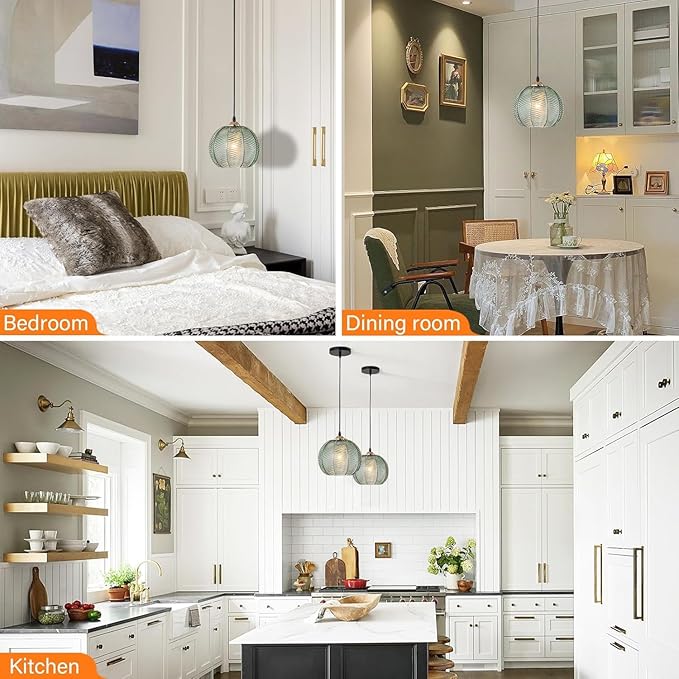 Green Glass Pendant Light Fixture Black Mid Century Modern Pendant Lighting Chandelier 1-Light Globe Ceiling Hanging Light for Bedroom Living Dinning Room Kitchen Island