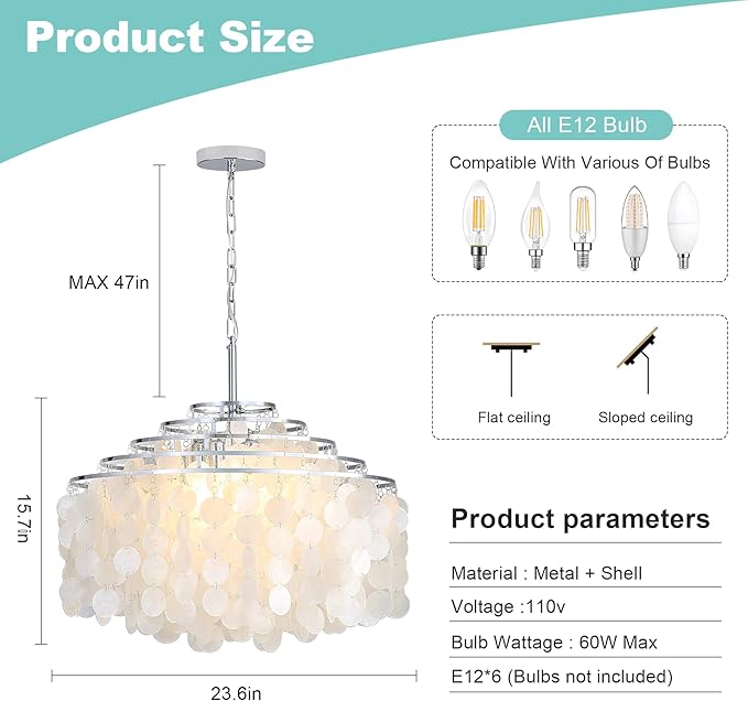 24" Capiz Shell Chandelier Dining Room Chandeliers Bathroom Pendant Light 6 Light Coastal Ceiling Hanging Light for Kitchen, Living Room,Bathroom and Bedroom,Natural Pearl Color
