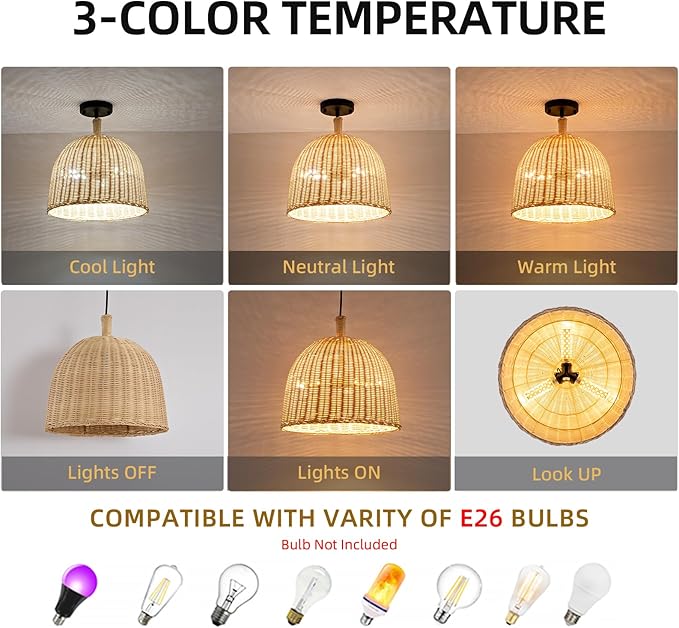 3-Light Rattan Pendant Light,13.77" Rustic Oval Hanging Light,Wicker Pendant Light Hand-Woven Rattan Chandelier for Public Place Dining Living Bedroom Kitchen Farmhouse