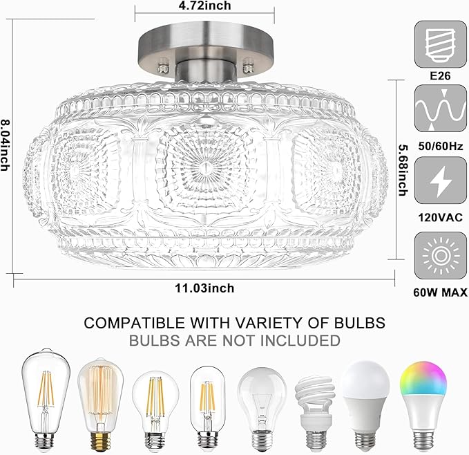 Semi Flush Mount Ceiling Light, Upgraded Larger Brushed Nickel Glass Ceiling Light Fixture, Vintage Lighting for Hallway Kitchen Bedroom Dining Room, Bulb Not Included