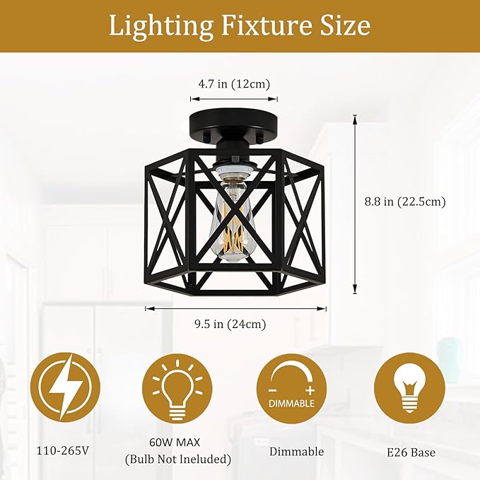 Modern Farmhouse Black Ceiling Light,Industrial Semi Flush Mount Ceiling Lighting Fixture,Hexagonal Hallway Lighting Fixtures for Kitchen,Bedroom,Foyer,Entryway,Laundry Room,1-Light, 9.5 Inch