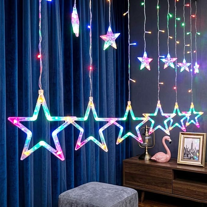 Vigdur Star Curtain String Lights, 12 Stars 138 LEDs Star Window Lights with Remote & 8 Flashing Modes Christmas String Lights for Christmas Wedding Party Home Decorations(8.2FT)
