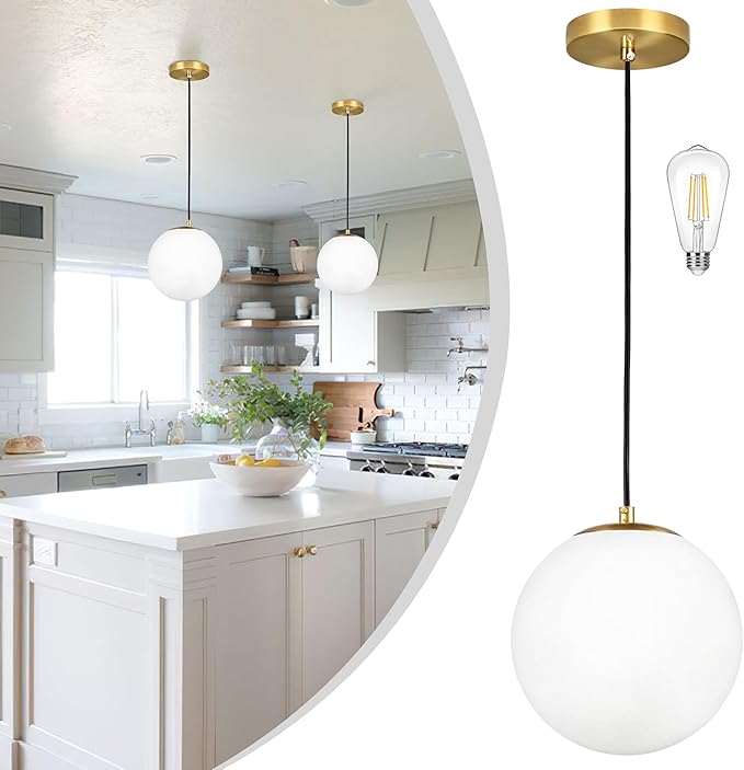 KoKo&Yukina 10" Globe Pendant Light Gold Mid Century Pendant Light Glass Globe Mid Century Modern Light Fixture Brushed Brass Finished with Milk Glass Lampshade for Dining Room Bedroom
