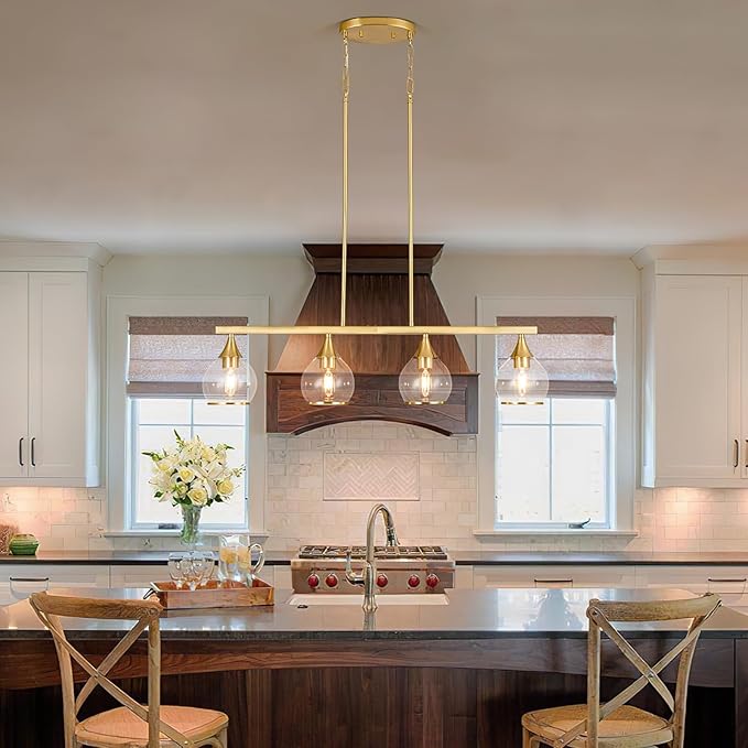 Island Light for Kitchen, 4-Light Gold Kitchen Island Linear Hanging Pendant Chandeliers, Brushed Gold Dining Room Light Fixture Over Table with Clear Round Glass Shades