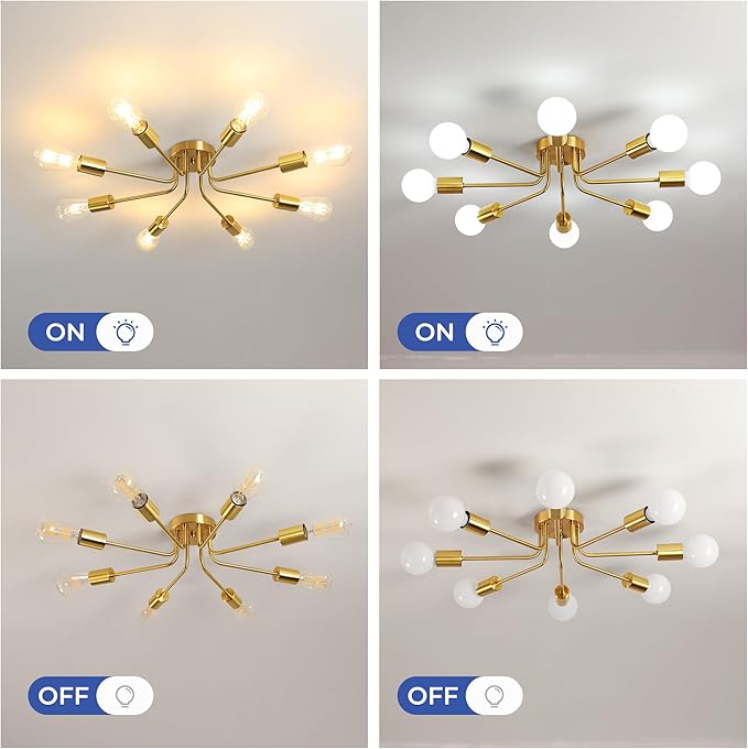 DELIPOP Sputnik Light Fixture, 8-Light Gold Ceiling Light Fixture, Mid Century Industrial Modern Sputnik Chandelier for Living Room Kitchen Bedroom Home Office Dining Room