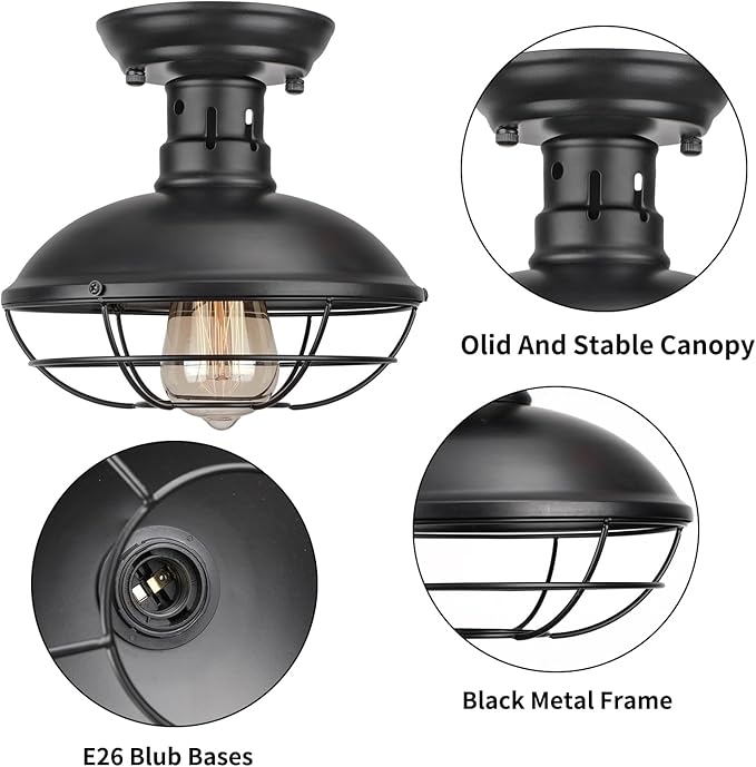 2 Pack Farmhouse Flush Mount Ceiling Light - Easric Industrial Ceiling Light Fixture Rustic Black Metal Cage Close to Ceiling Lamp E26 Base for Hallway Foyer Kitchen Porch