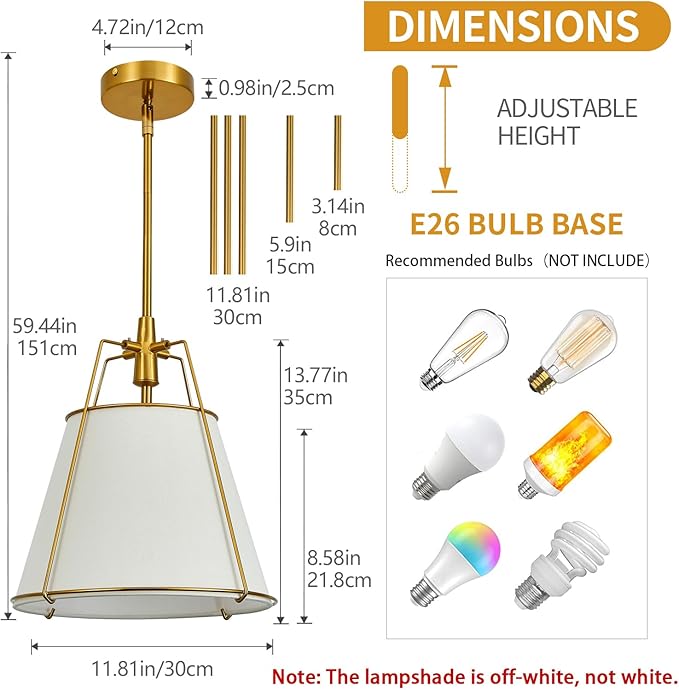 Modern Pendant Light Fixtures with 13" Off-White Linen Fabric Shade, Adjustable Hanging Light Fixture,Drum Gold Vintage Chandelier for Kitchen Island Bedroom Dining Room Foyer Entryway