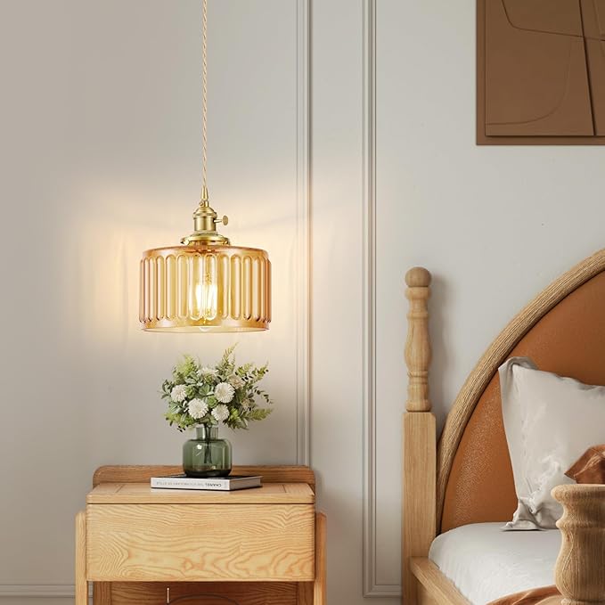 2 Pack Industrial Pendant Lighting, Modern Glass Shade Farmhouse Adjustable Hanging Light Fixtures for Kitchen Island Living Room Bedroom Hallway, Brown