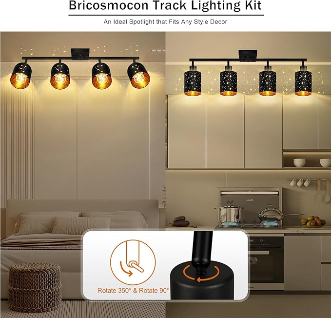 4 Light Track Lighting Kit, Black 4 Way Modern Flexible Ceiling Spotlight, Industrial LED Wall Light for Kitchen Cabinet Gallery Bar Hallway Living Room, Black Stars Design Contemporary, E26 Socket