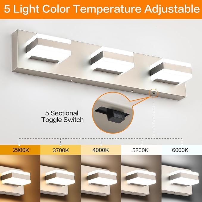 SOLFART Vanity Lighting Over Mirror, 3 Lights Brushed Nickel Bathroom Light, Modern LED Light Fixtures, 5 Color Temperature Adjustable Modern Light for Bathroom