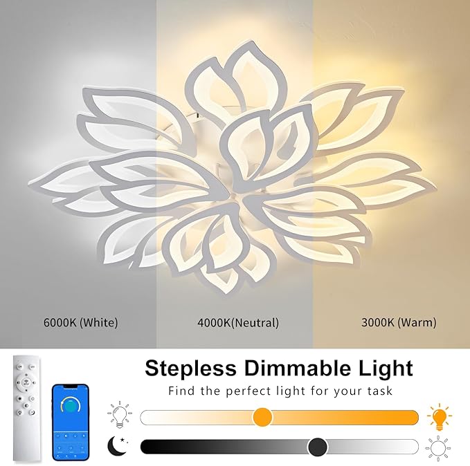 Modern Ceiling Light with APP & Remote Control, Dimmable LED Flush Mount Chandelier with 3-Color, White Acrylic Flower Ceiling Light Fixture for Living Room Dining Room Bedroom Kitchen-12-Leaves