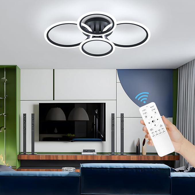 Black Modern Ceiling Light, 4 Rings Dimmable Flush Mount Ceiling Light with Remote, Acrylic Close to Ceiling Lighting Fixture for Dining Room Living Room Bedroom Kitchen (Black, 4 Heads)